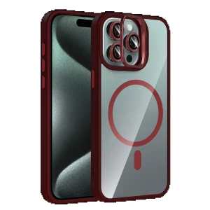 Apple iPhone 14 Pro Max Remim Lensli Magsafe Standlı Kapak - Bordo