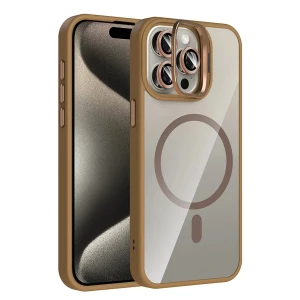Apple iPhone 14 Pro Max Remim Lensli Magsafe Standlı Kapak - Kahverengi