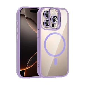 Apple iPhone 15 Pro Max Remim Lensli Magsafe Standlı Kapak - Lila