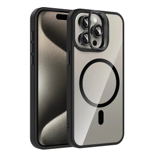 Apple iPhone 15 Pro Max Remim Lensli Magsafe Standlı Kapak - Siyah