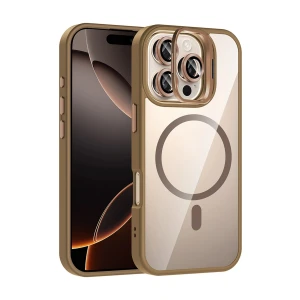 Apple iPhone 16 Pro Max Remim Lensli Magsafe Standlı Kapak - Kahverengi