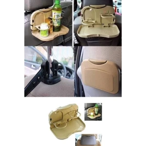 Araç İçi Koltuk Arkası Katlanabilir Bardak Tutuculu Bej Tepsi