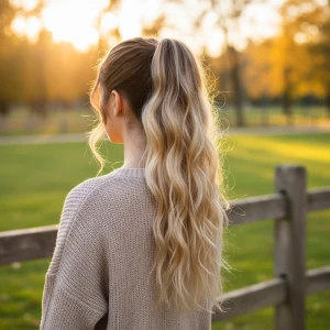 Bağlamalı Kabarık Dalgalı At Kuyruğu - Kahve / Bal Köpüğü Ombre ve Platin Işıltılı