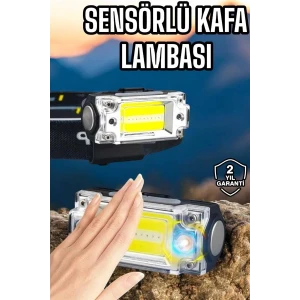 Beyaz Led Işık Sensörlü Kafa Lambası Lityum Batarya Led El Fenerli Şarjlı