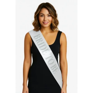 Beyaz Saten Üzerine Kalın Gümüş Yazılı Bride To Be Kuşağı 10 cm Genişlik (4887)