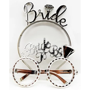 Bride Yazılı Taç ve Bride To Be Yazılı Gözlük Seti Gümüş Renk (4887)