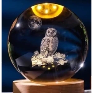 Dekoratif Baykuş Tasarımlı Ahşap Altlıklı Işıklı Cam Küre Büyük Boy 8cm
