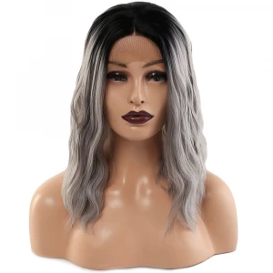 Fiber Sentetik Dalgalı Kısa Tül Peruk - Siyah Gri Ombreli