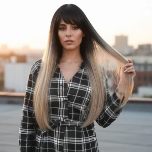 Fiber Sentetik Uzun Düz Kahküllü Peruk - Siyah / Küllü Bebek Sarı Ombreli