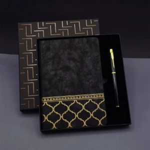 Gold Desen Siyah Deri Defter Kalem Set