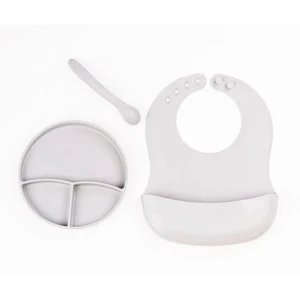 Gri 3’lü Silikon Yemek Seti – Önlük + Diş Kaşıyıcılı Kaşık + Vakumlu Tabak