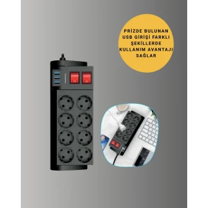 Güçlü Termal Korumalı 8 Priz + 3 USB Çoklu Uzatma Kablosu 2m