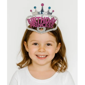 Gümüş Renk Pembe Birthday Princess Yazılı Çocuk Parti Tacı 11x12 cm