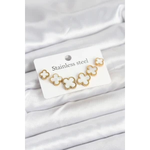 ieg™ 316L Çelik Gold Beyaz Renk 3 Boy Yonca Küpe Seti