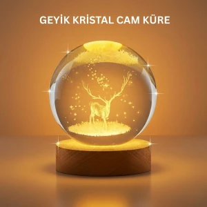 ieg™ 3D Geyik Desenli Kristal Küre USB Işıklı Ahşap Tabanlı Oda Lambası