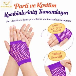 ieg™ 80’ler 90’lar Retro Mor File Parmaksız Kısa Eldiven 11 cm