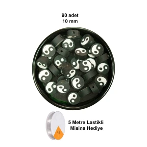 İEG 90 Adet 10 mm Polimer Kil Fimo Boncuk Takı Bileklik + 5 Metre Lastikli Misina Hediye - Yin Yang