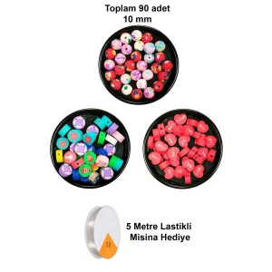 İEG 90 Adet 10 mm Polimer Kil Fimo Boncuk Takı Bileklik + 5 Metre Misina Hediye - Deniz - Kalp - Yuvarlak