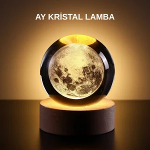ieg™ Ay Figürlü 3D Kristal Küre LED Gece Lambası Ahşap Standlı Dekoratif Lamba