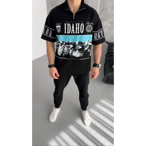 ieg™      Baskılı Yarım Fermuarlı T-Shirt - Siyah -
