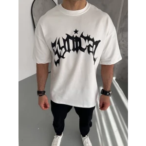 ieg™      Bisiklet Yaka Baskılı Oversize T-Shirt - Beyaz -
