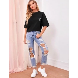 ieg™ Bisiklet Yaka Baskılı Oversize T-Shirt - Siyah