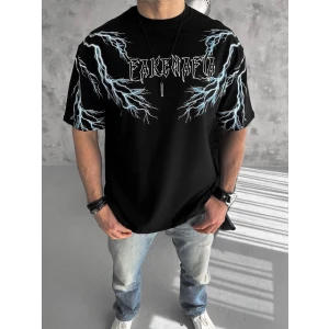 ieg™      Bisiklet Yaka Baskılı Oversize T-Shirt - Siyah -