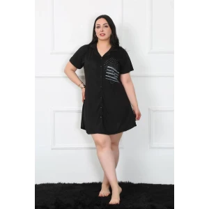 ieg ™ Büyük Beden Penye Düğmeli Siyah Tunik Gecelik