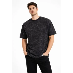 ieg™ Erkek Asit Yıkama Bisiklet Yaka Kısa Kollu Oversize T-Shirt Tişört - Siyah