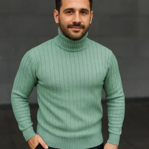 ieg™ Erkek Balıkcı Yaka Bağazlı Triko Kazak Pamuklu Kalın Fitilli Dokuma, Regular Fit Uzun Kollu Kışlık Model - Mint Yeşili