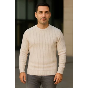 ieg™ Erkek Bisiklet Yuvarlak Yaka Triko Kazak Pamuklu Kalın Fitilli Dokuma, Regular Fit Uzun Kollu Kışlık Model - Bej