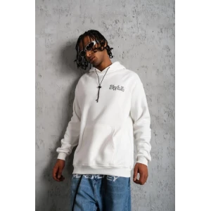 ieg™ Erkek Oversize Üç İplik Kapüşonlu Sweat – Kol Ve Etek Ribana Detaylı, Ön Ve Sırt Baskılı, Kanguru Cepli Rahat Kalıp Model - Beyaz