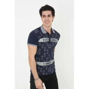 ieg™ Erkek Yakalı Slim Fit Baskılı T-Shirt - Lacivert