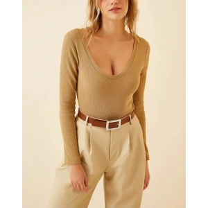 ieg™   Fitilli Likralı Body Crop - Camel