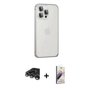 ieg™ iPhone 15 Pro Max Kılıf Eksen Form Serisi - Siyah Bilvis 3D Mat Cam Ekran Koruyucu + Gümüş Raze Metal Kamera Lens