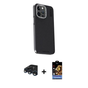 ieg™ iPhone 15 Pro Max Kılıf Kıvılcım Modern Özel Seri - Siyah Buffer Hayalet Cam Ekran Koruyucu + Raze Metal Kamera Lens - LT