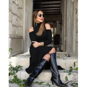 ieg™ Kadın Balıkçı Yaka Omuzlardan Açık Uzun Kollu Janjan Krep Elbise