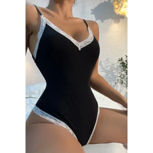 ieg™ Kadın Beyaz Dantel Işlemeli Siyah Tulum Gecelik