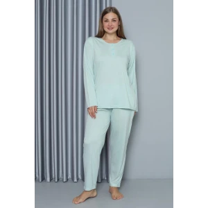 ieg ™ Kadın Büyük Beden Penye Uzun Kol Pijama Takım Su Yeşili