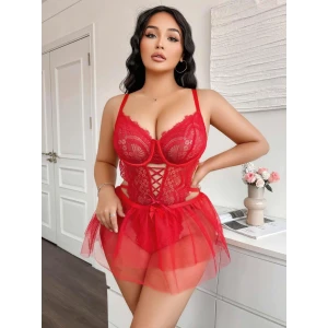 ieg ™ Kadın Çapraz İpli Dantelli Büyük Beden Tüllü Transparan Fantezi Gecelik 8008