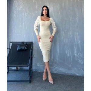 ieg™ Kadın Kare Yaka Kolları Manşet Ve Tül Detay Fırsat ürün Midi Boy Elbise