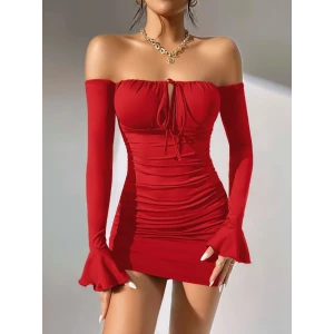 ieg ™ Kadın Kırmızı Dalgıç Kumaş İspanyol Kol Fantezi Elbise 5151