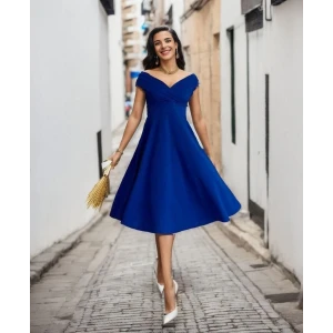 ieg™ Kadın Kısa Kollu Kruvaze Yaka Eteği Volanlı Krep Elbise