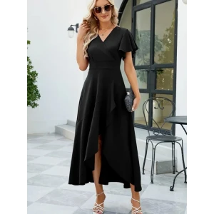 ieg™ Kadın Kısa Kollu Kruvaze Yakalı önden Volanlı çapraz Kesim Detaylı Maksi Boy Ithal Krep Elbise