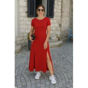 ieg™ Kadın Kısa Kollu Sırt Dekolteli Yırtmaç Detaylı Viskon Elbise