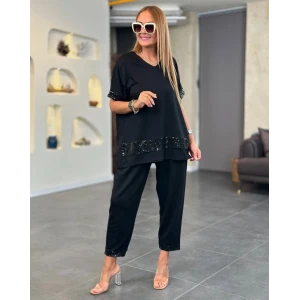 ieg™ Kadın Kısa Kollu V Yakalı Pul Payetli Viskon Iki Iplik Bluz Ve Pantolon Ikili Takım