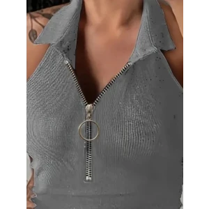 ieg™ Kadın Kolsuz Polo Yaka önü Fermuarlı Kaşkorse Bluz