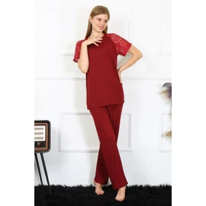 ieg ™ Kadın Kolu Dantelli Penye Pijama Takım Bordo