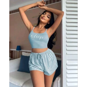ieg ™ Kadın Mavi Çizgili Desenli Askılı Şortlu Pijama Takım 5001
