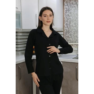 ieg ™ Kadın Pamuk Penye Önden Düğmeli Uzun Kol Pijama Takım Siyah
